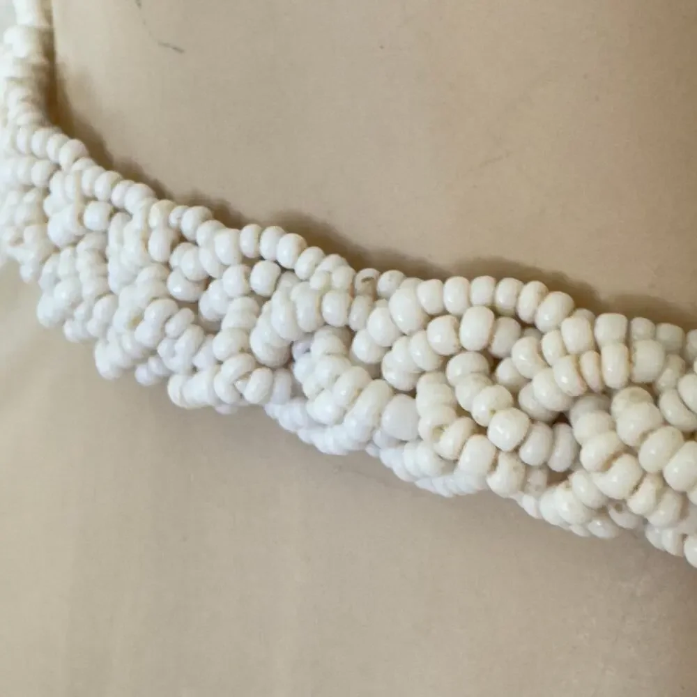 Vintage 1950’s White Milk Glass Micro Bead 6 Strand Adjustable Choker Necklace